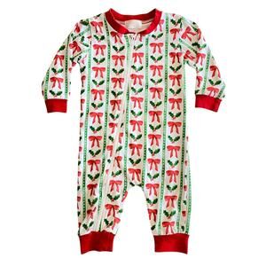 Cecil & Lou Baby Girl Red Green Bow Holly Print Christmas Zipper Pajama Romper 9